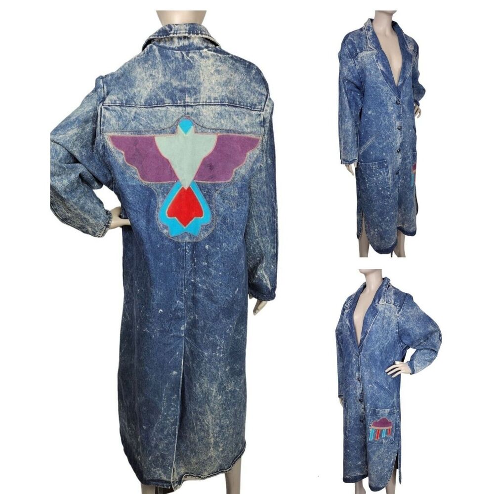 VTG 80s Thunderbird Pioneer Wear Boho Tribal Native Denim Leather Trench Coat
